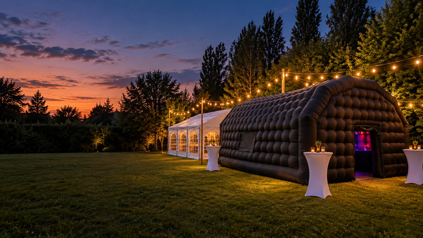 Montage du matériel JFR Event : boîte de nuit gonflable, chapiteau blanc et mange-debout dans un jardin à la tombée du jour