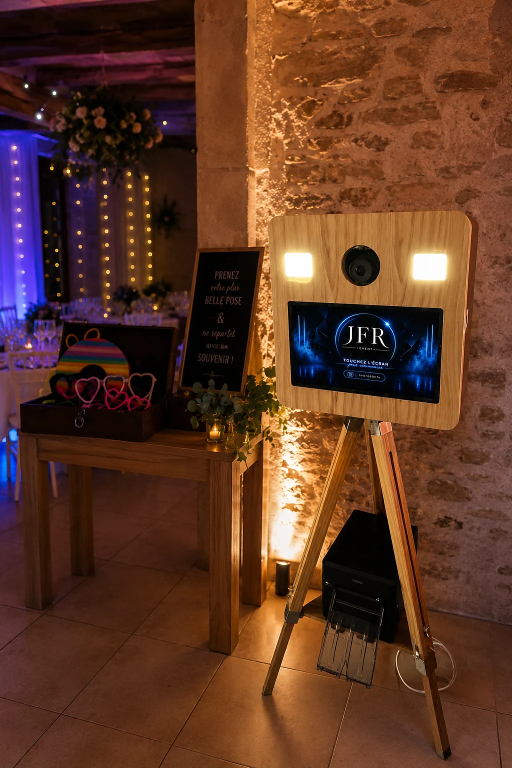 Inspiration de réception : photobooth JFR en bois dans une salle aux éclairages chaleureux